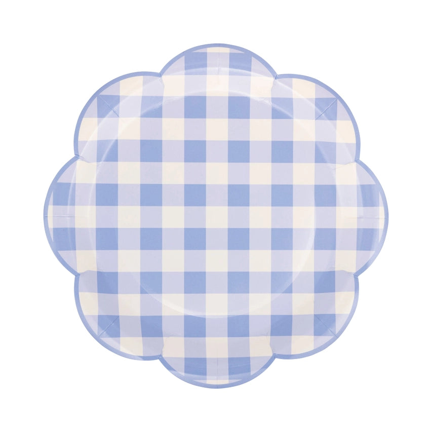 Single blue and cream gingham paper plate with scalloped edge, photographed face‑up on white backdrop.
