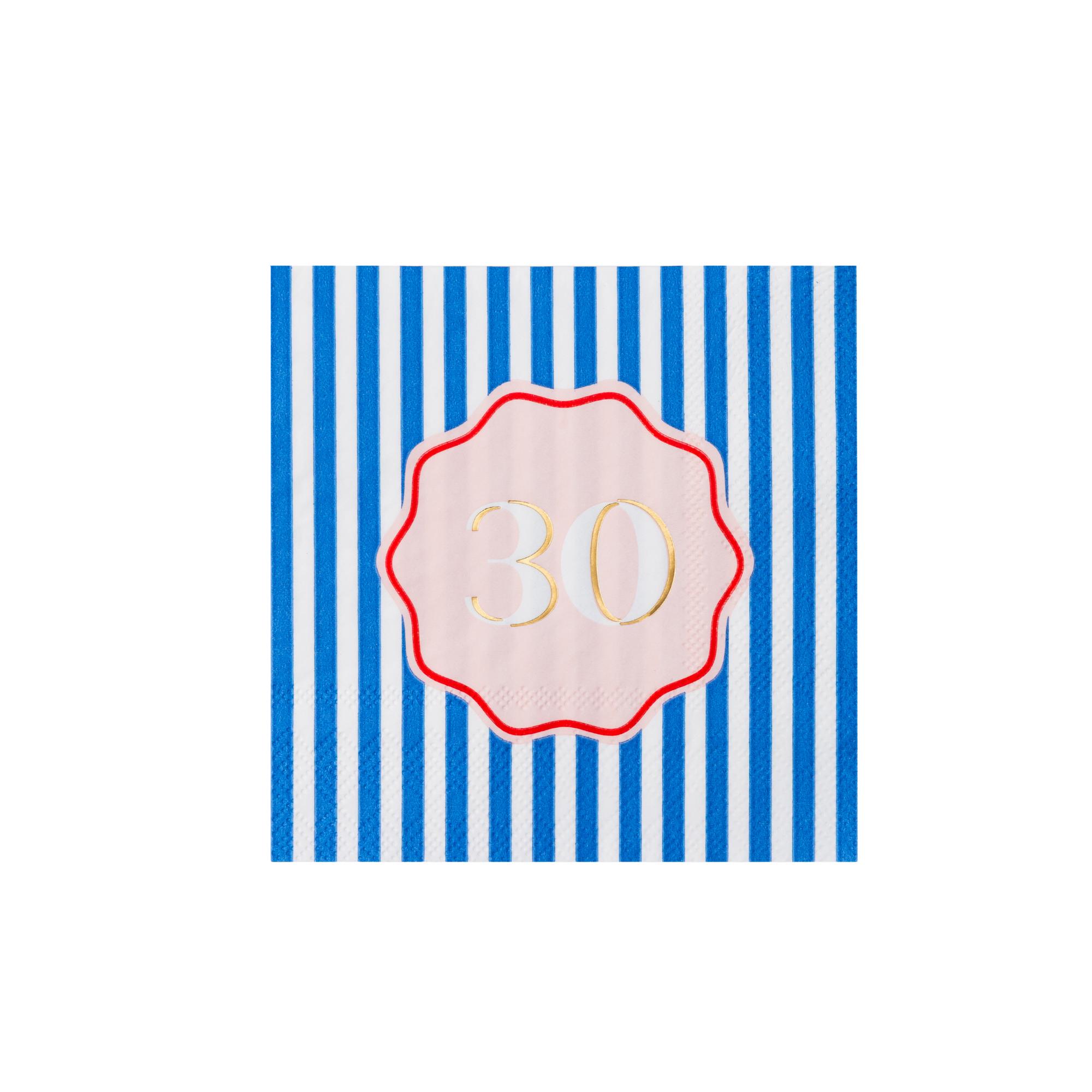 Single blue and white striped cocktail napkin with pink scalloped gold foil 30 birthday medallion and red border on white background