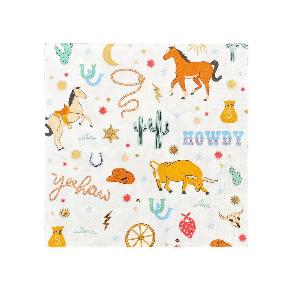 Product Cut‑Out: Isolated square napkin showing western graphics—horses, cacti, lassos, hat, longhorn, and the words “yehaw” and “HOWDY” in playful fonts.