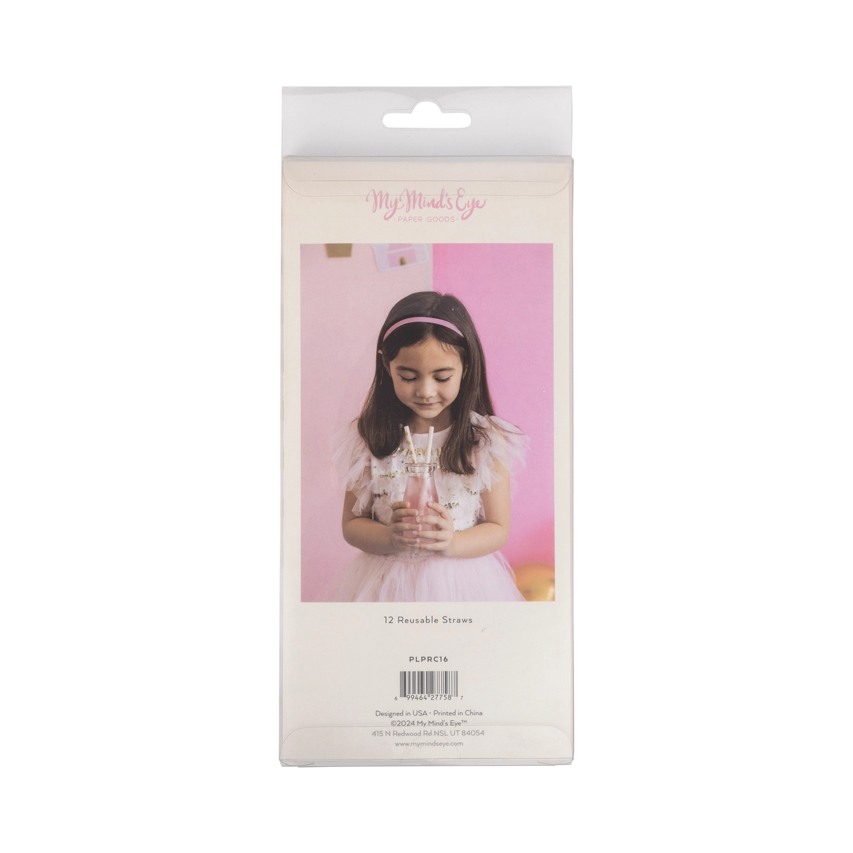 Retail package back of Princess Reusable Straws showing girl in tutu holding milk bottle.