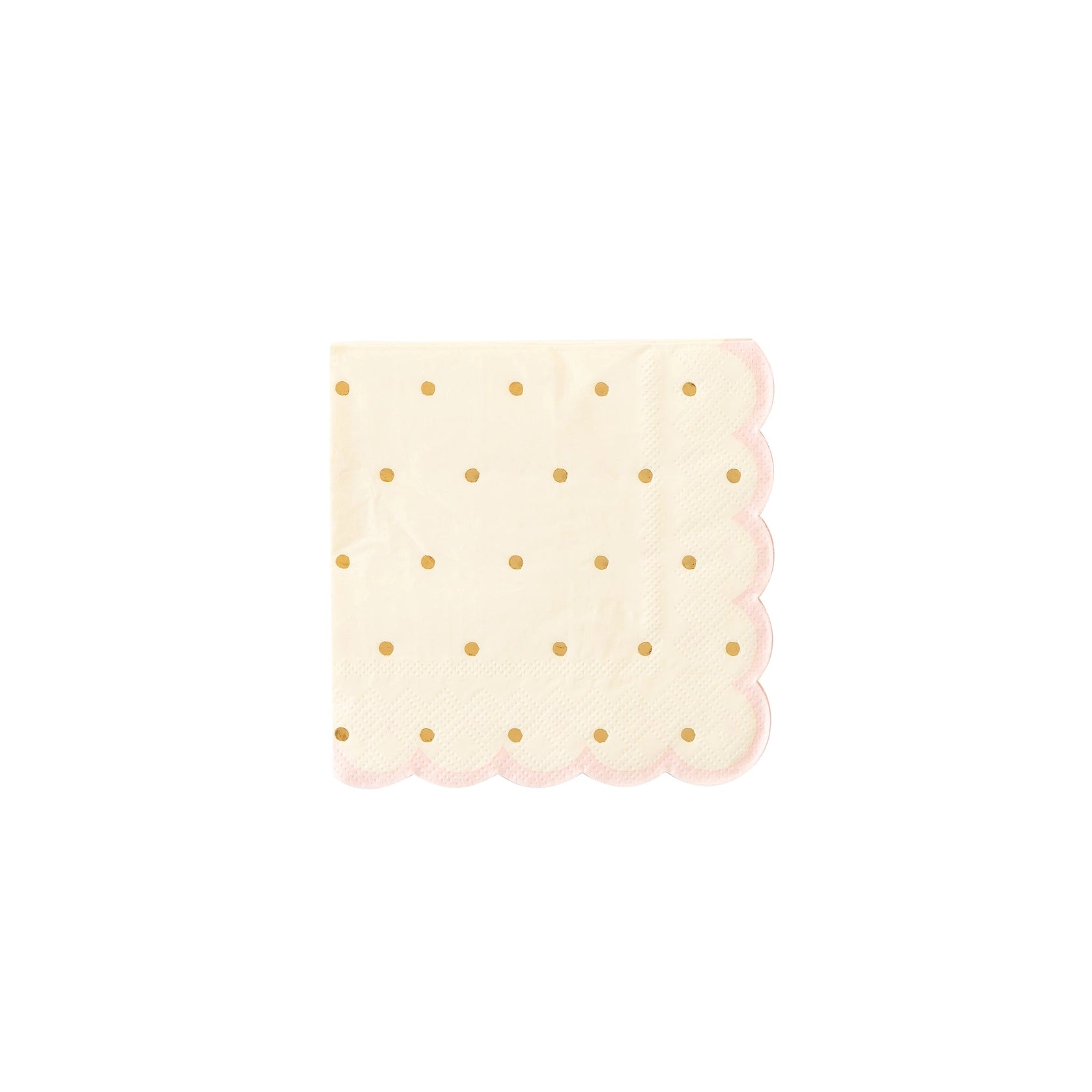 Isolated cream cocktail napkin with gold foil dots and pink scalloped border on white background.