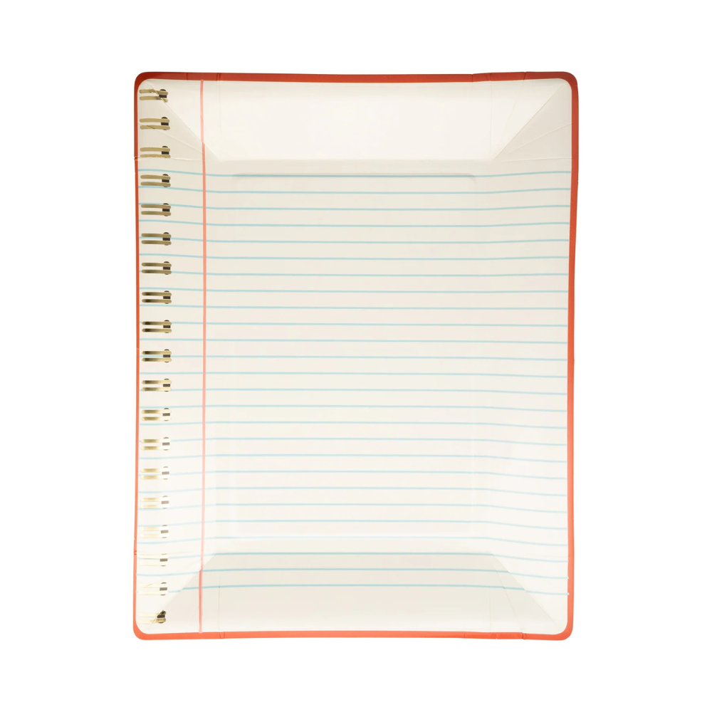 Spiral notebook-shaped paper plate with blue ruling and gold foil spiral edge