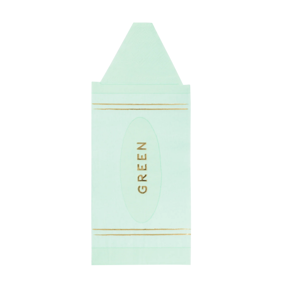 Isolated green crayon-shaped napkin with “GREEN” printed in gold and two gold foil stripes.