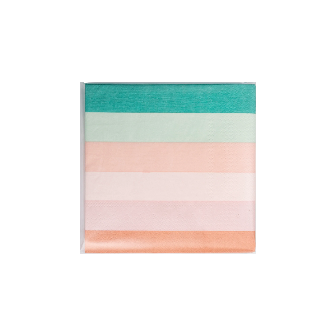 Single mermaid stripe napkin unfolded to show horizontal teal, mint, coral, blush, and peach bands.