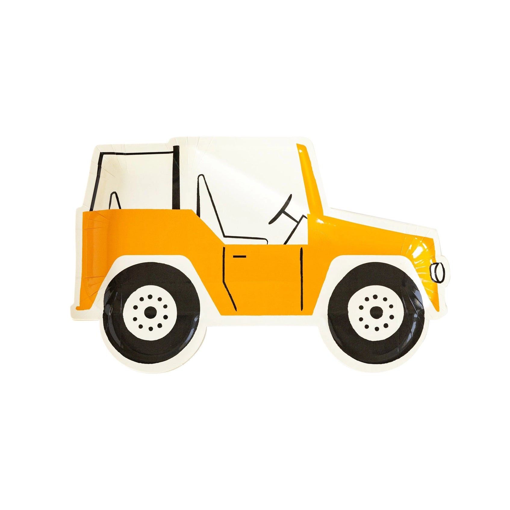 Yellow safari jeep-shaped paper plates, perfect for kids' birthday parties and safari-themed celebrations.