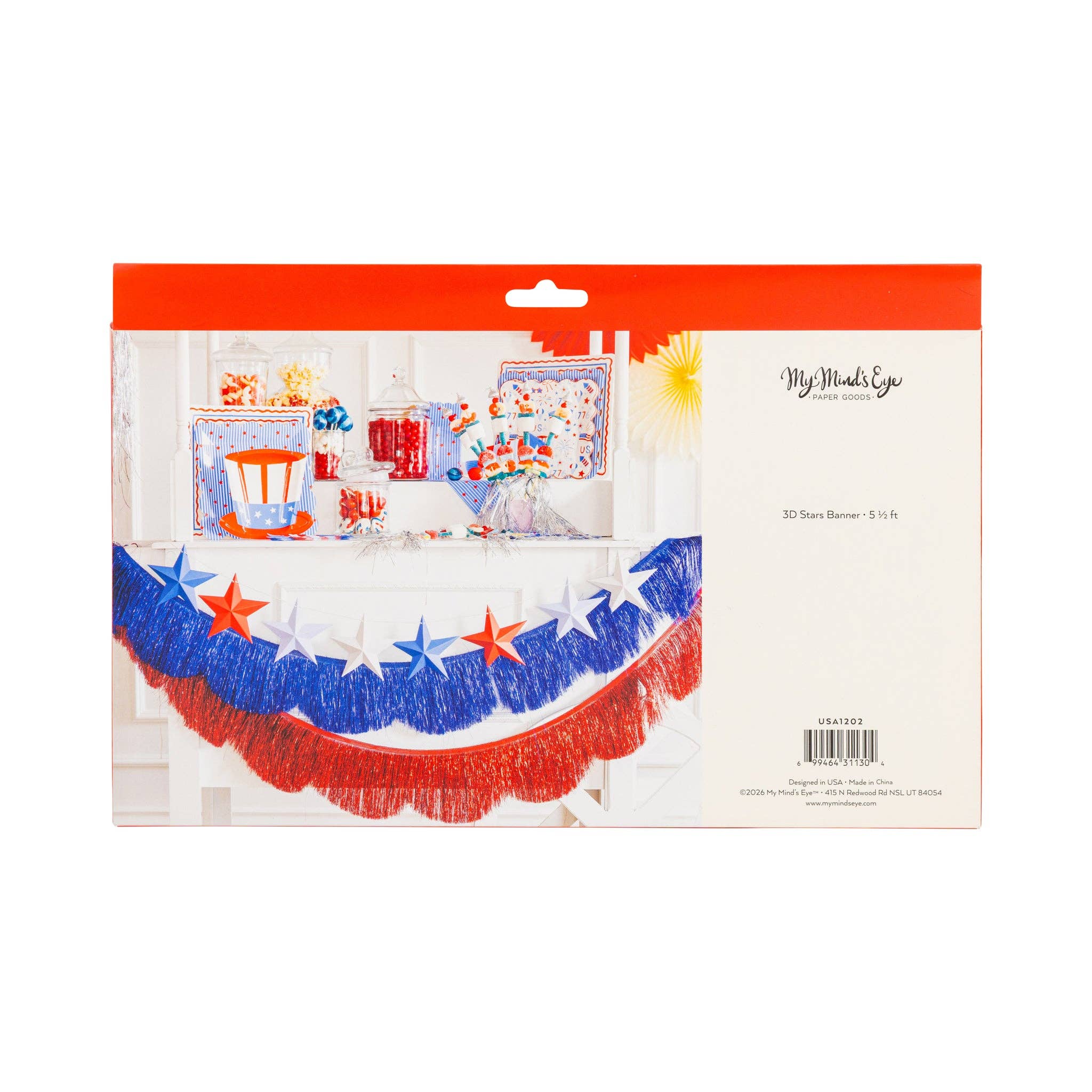 Back of packaging for the 3D Stars Banner showing product name, 5.5 ft length, My Minds Eye branding, and item number USA1202