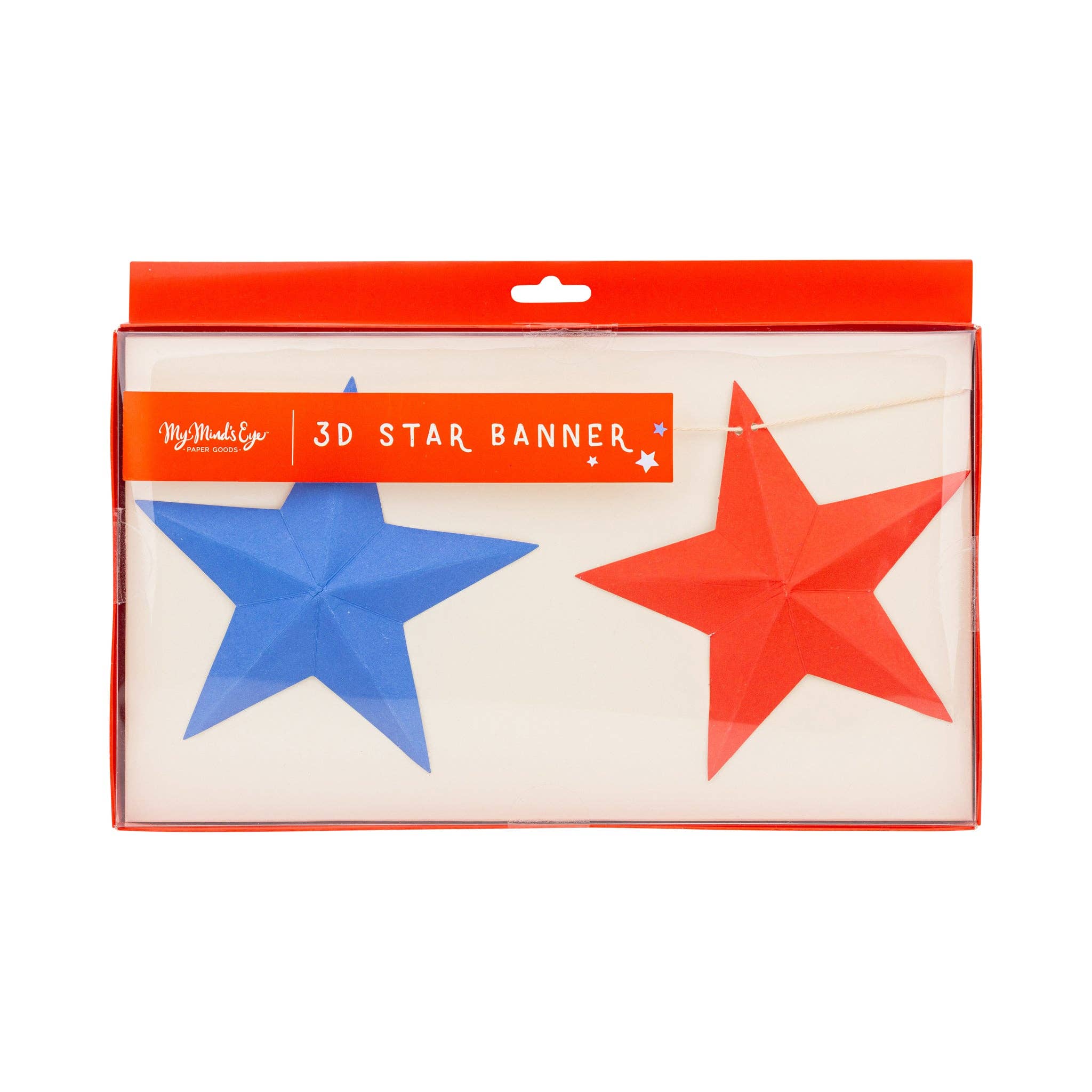 Front of packaging showing two large folded 3D paper stars in blue and red inside a clear box labeled 3D Star Banner by My Minds Eye
