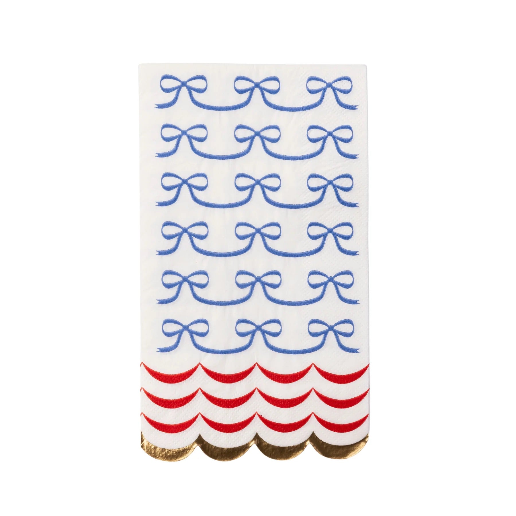 A close-up of a 4th of July guest towel featuring delicate blue bows and a scalloped red border, highlighting the design’s elegant and patriotic details.