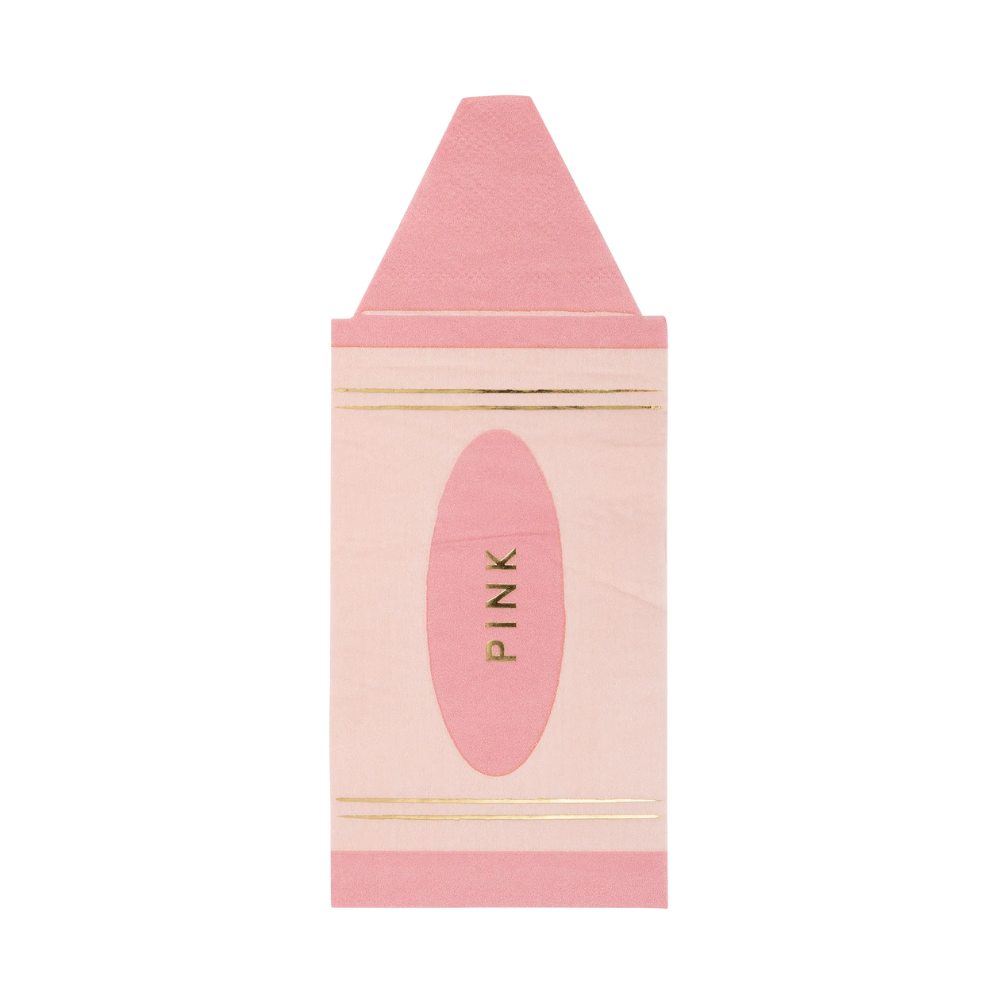 Isolated pink crayon-shaped napkin with “PINK” printed in gold on the front and crayon wrapper-style design.