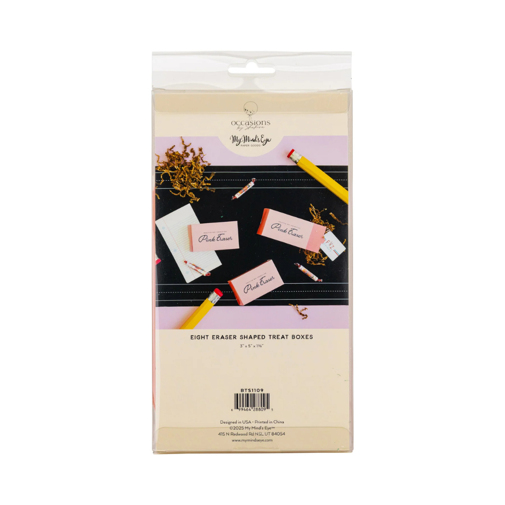 Back view of the packaged set of eight eraser-shaped treat boxes.