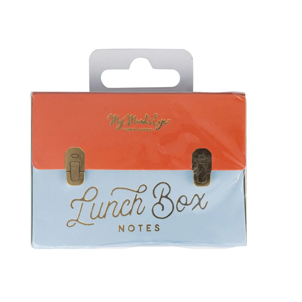 Front of the Lunch Box Cards packaging styled like a mini satchel with gold foil text.