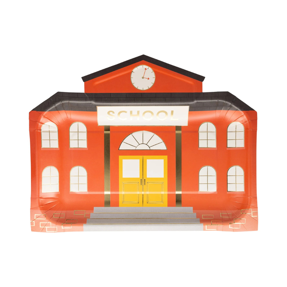 Paper plate shaped like a red brick school building with gold doors and a clock tower