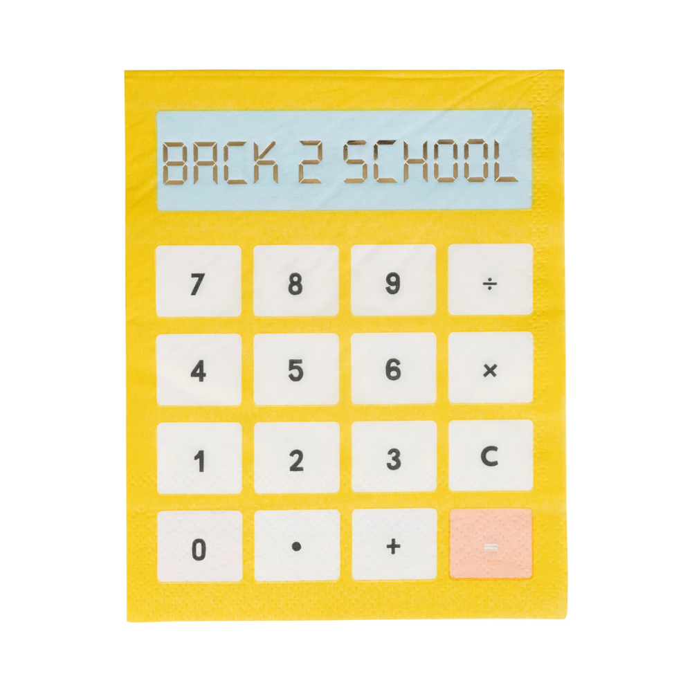 Close-up of a yellow paper napkin designed to look like a calculator with “BACK 2 SCHOOL” displayed on the screen and calculator buttons below.