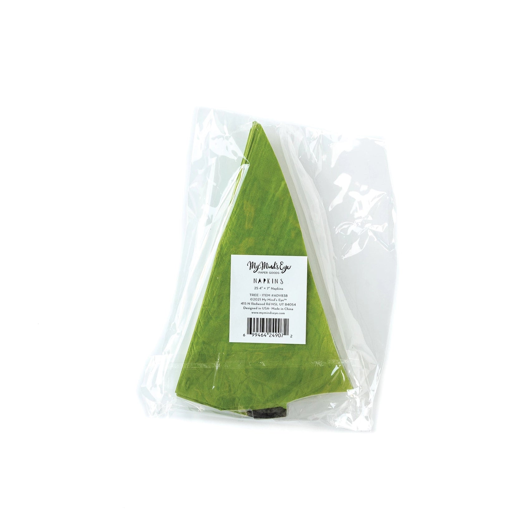 Adventure Tree Napkins folded and packed in clear plastic with label showing quantity and shape.