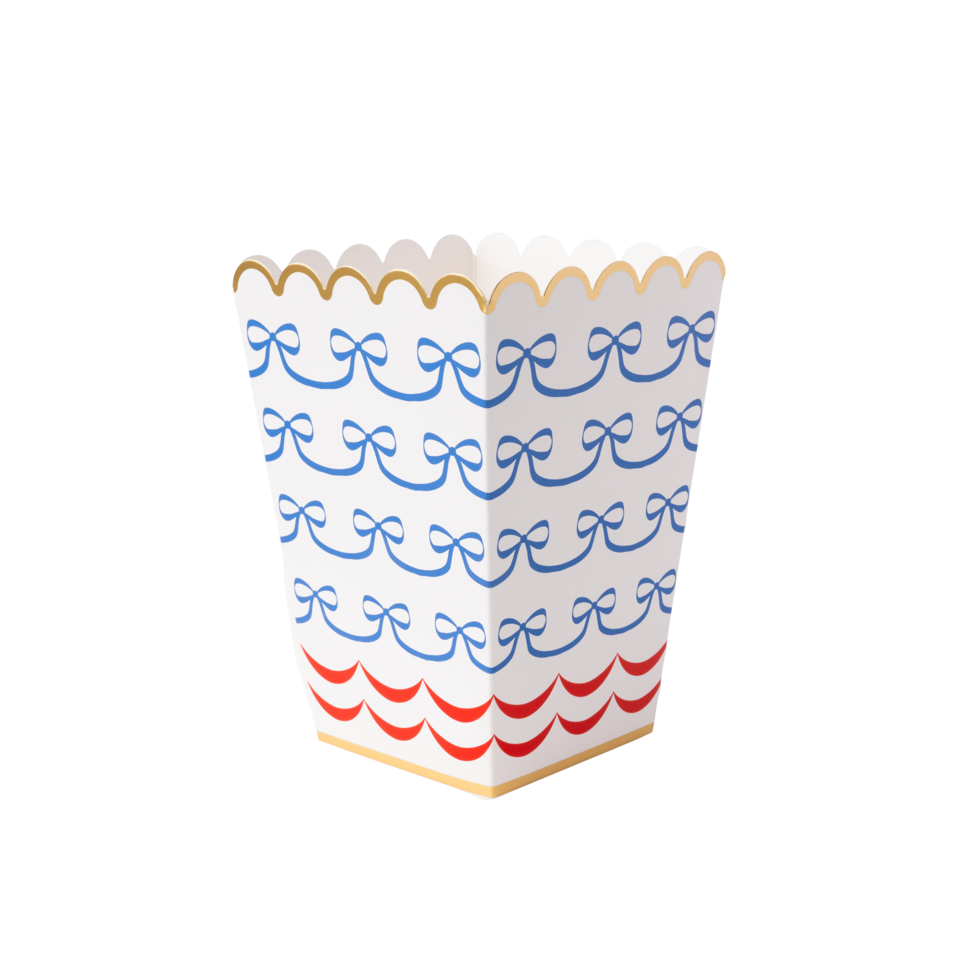 4th of July popcorn box with red white and blue bow design on white background.