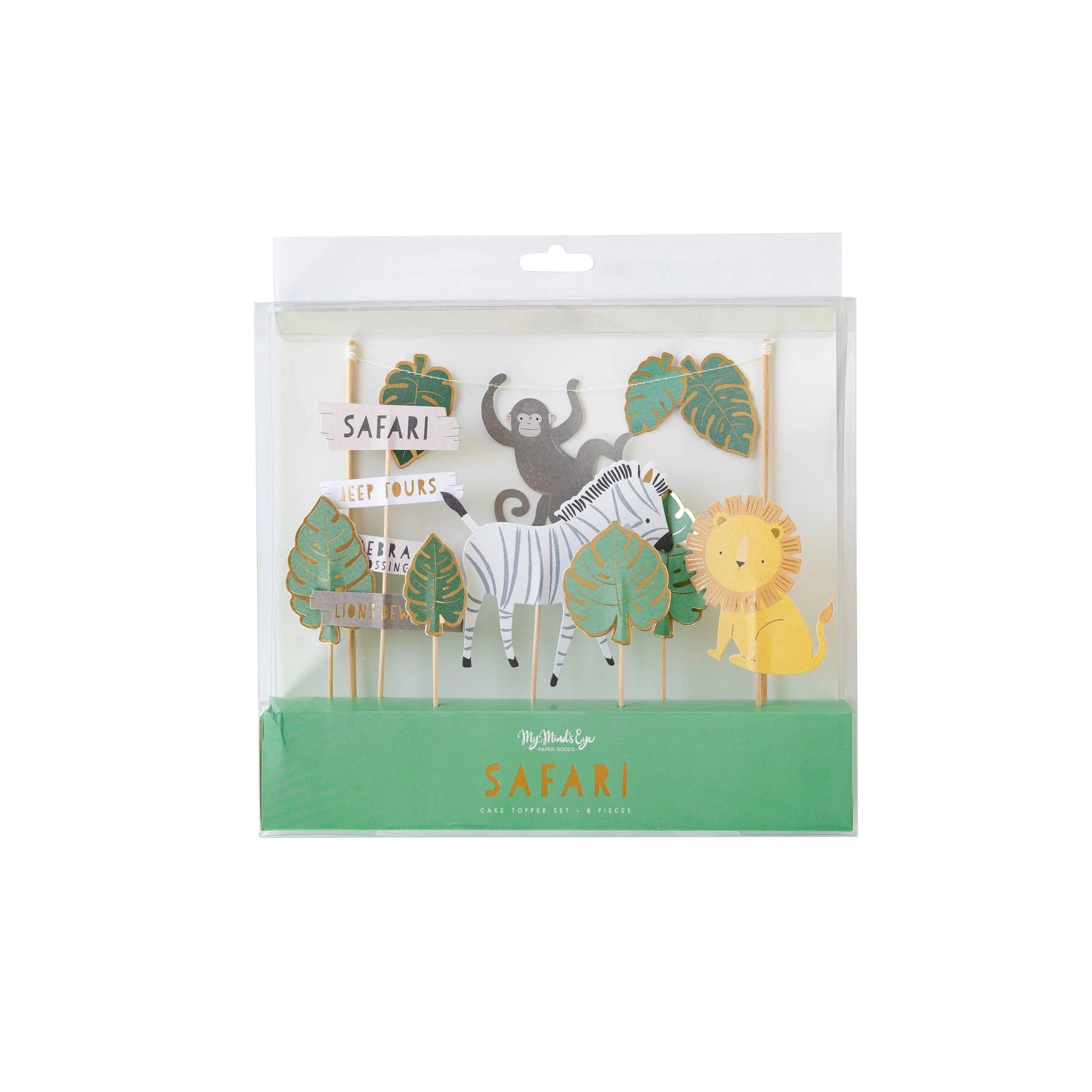 Packaged display of jungle-themed cake topper set with safari animals and greenery inside clear box.