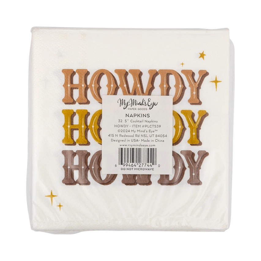 Plastic‑wrapped stack of HOWDY cocktail napkins, barcode and product label visible in center.