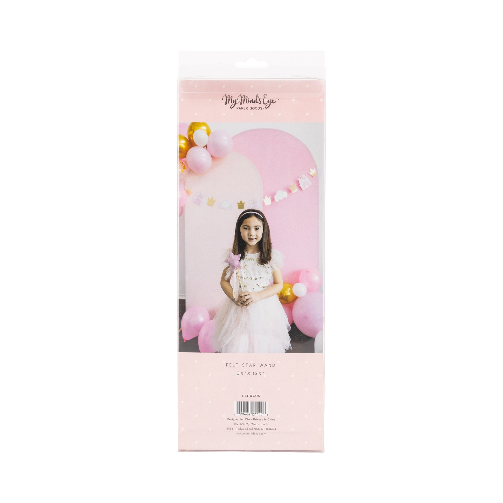 Retail package of 4 pink felt princess wands showing girl in tutu holding wand in front of balloon arch.