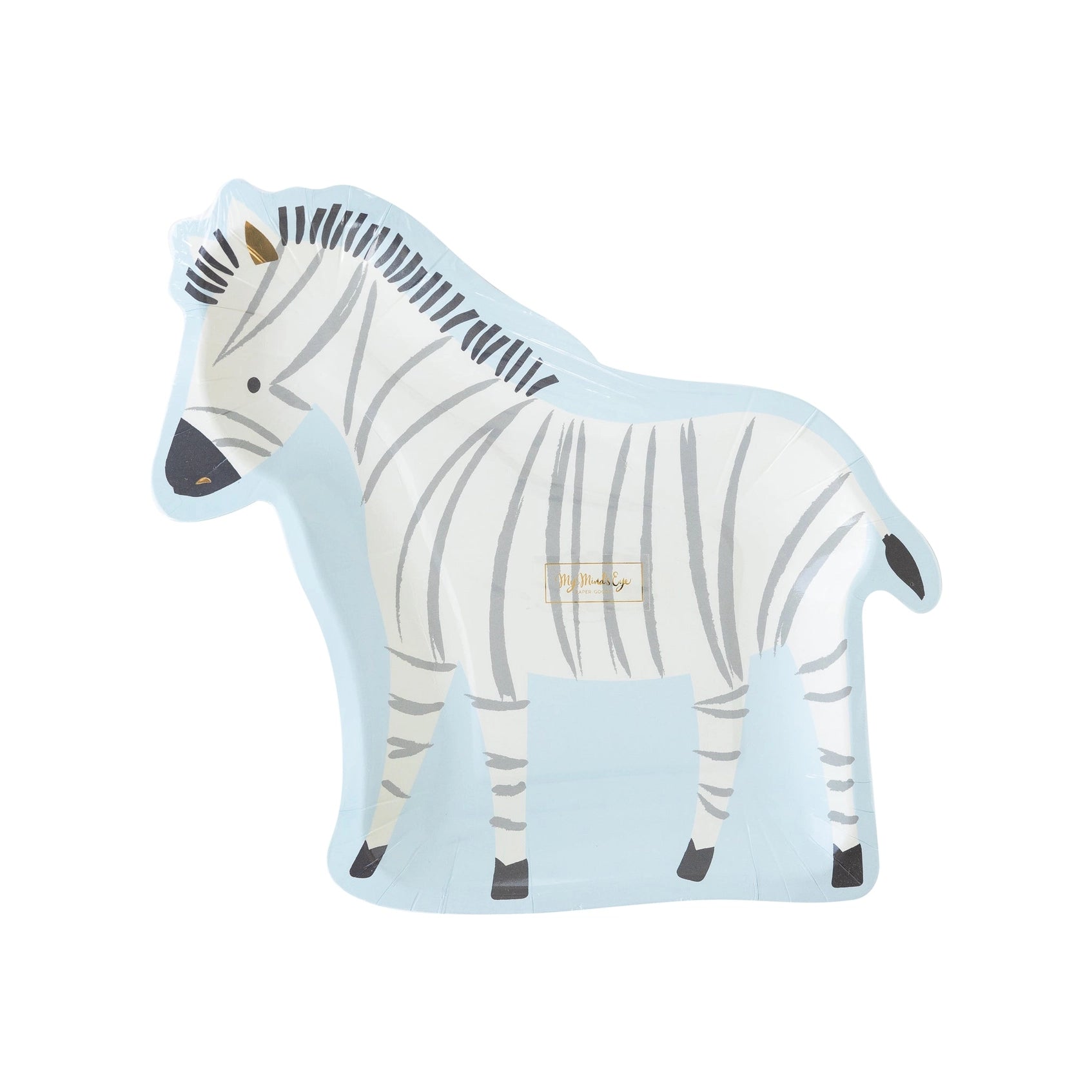 Front view of a playful zebra-shaped paper plate featuring soft blue background and charming zebra stripes, with a subtle gold foil brand label, great for a stylish zoo party.