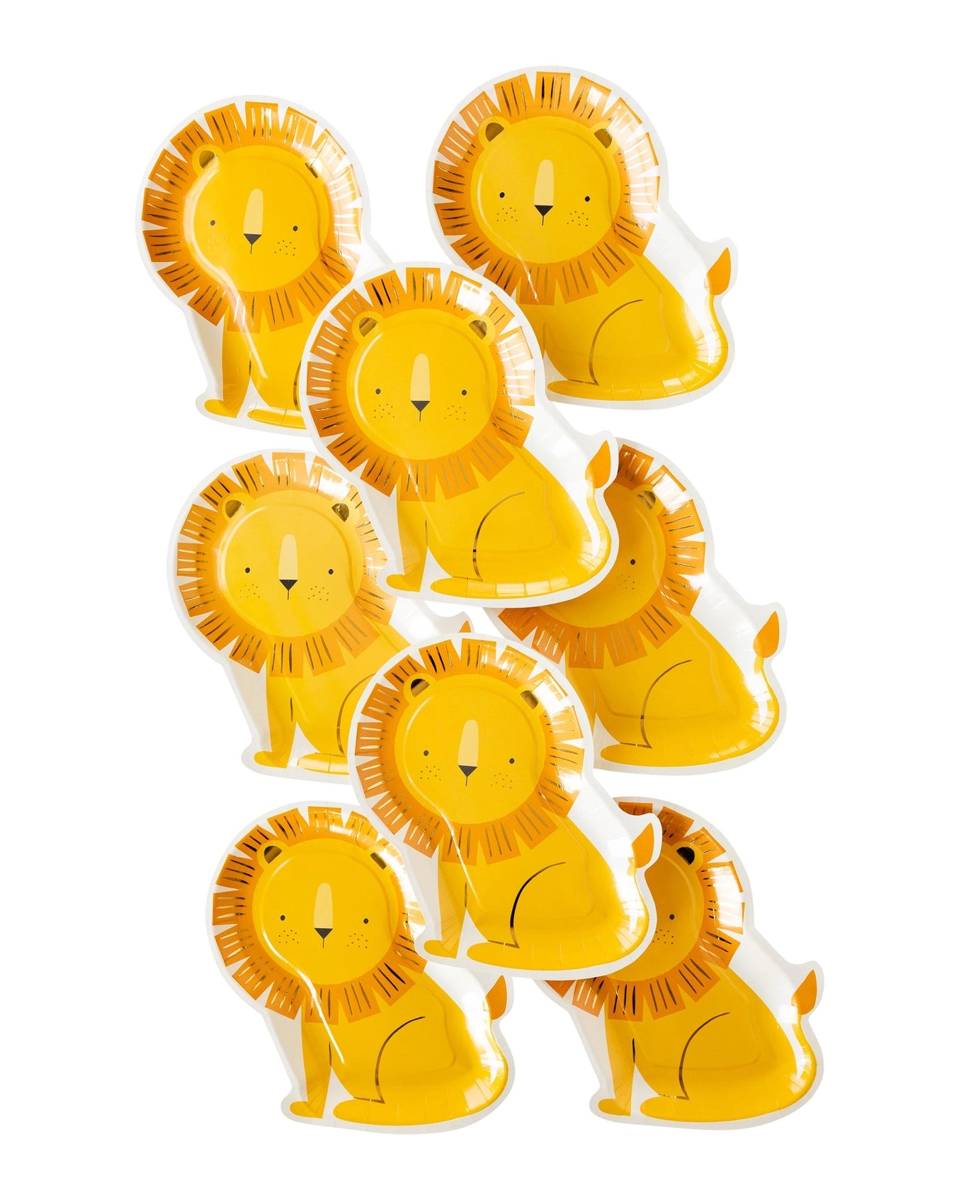 Multiple lion-shaped plates arranged playfully, bringing a burst of color and joy—ideal for an unforgettable zoo-themed party setup.