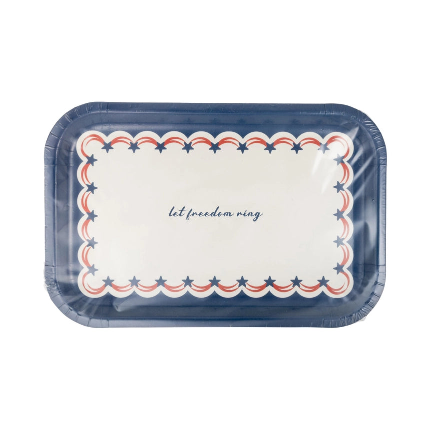 Front view packaging of rectangular paper plates featuring a patriotic star-and-scallop border and "let freedom ring" in the center.