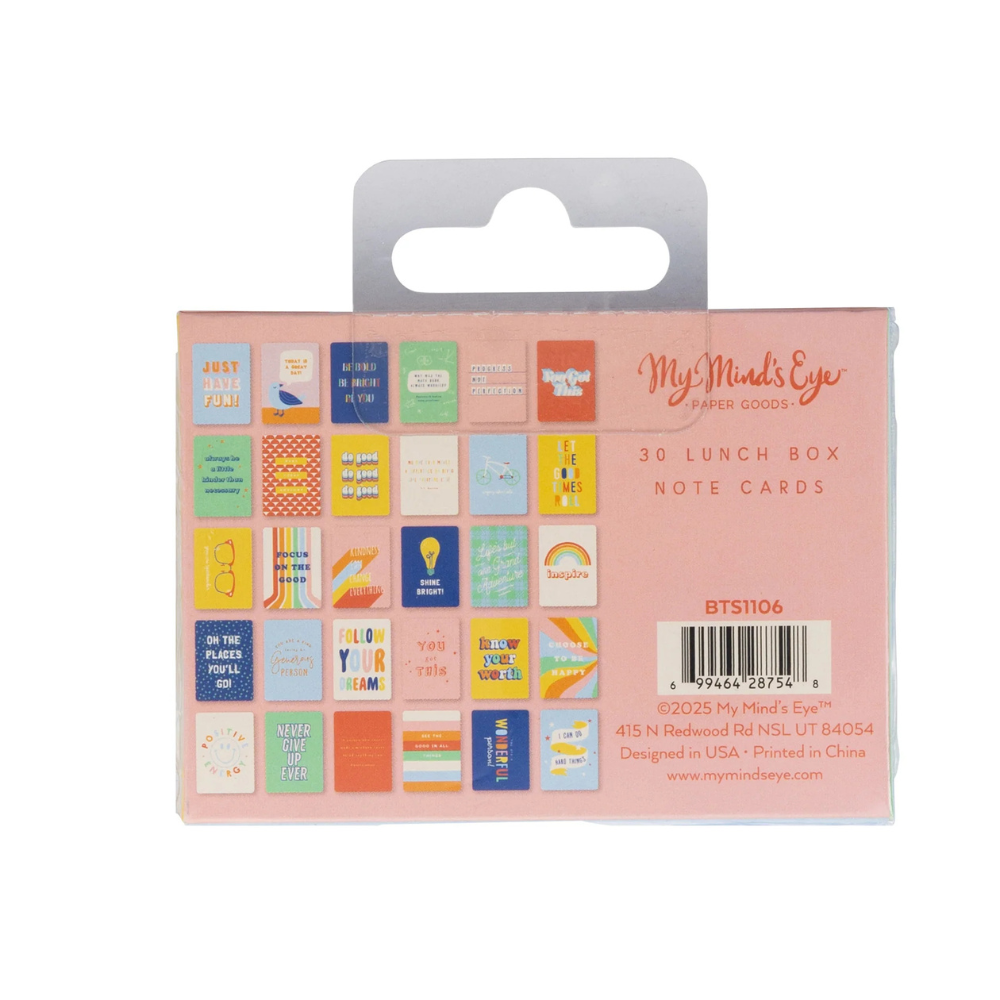 Back of the Lunch Box Cards package showing all 30 card designs in a grid layout.
