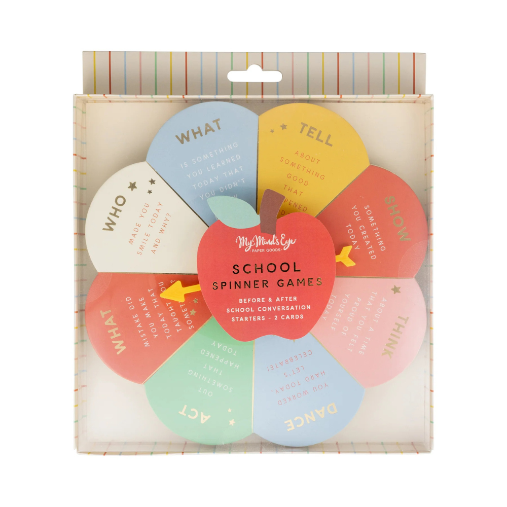 Back to School Spinner Game packaging with apple-shaped label