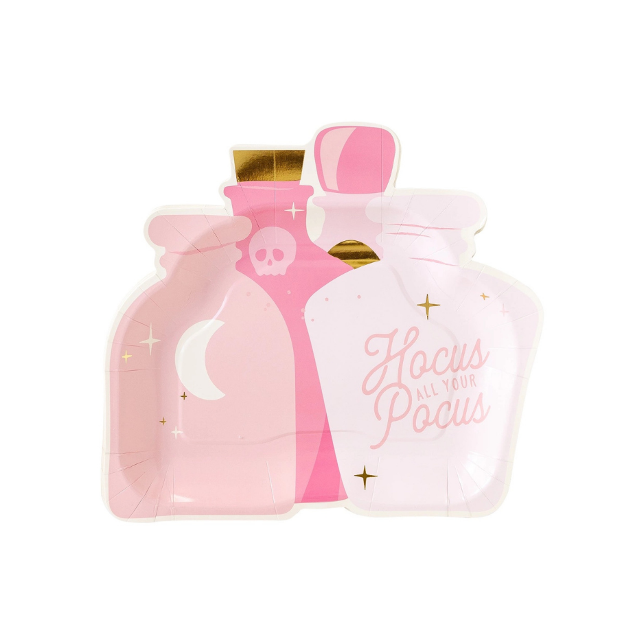 Pink potion bottle-shaped Halloween paper plate with Hocus All Your Pocus text, ideal for Hocus Pocus decor and pink Halloween decor."