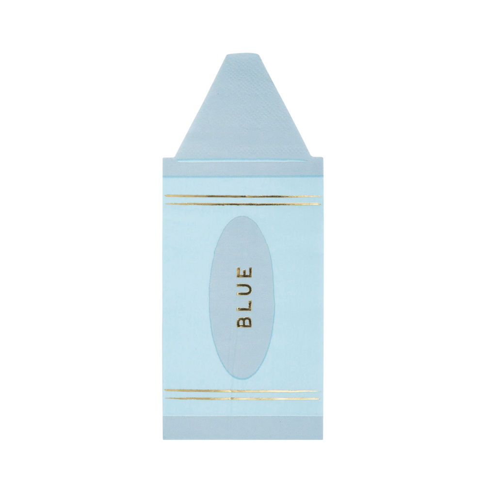 Isolated blue crayon-shaped napkin with “BLUE” printed in gold on the front and foil accents.