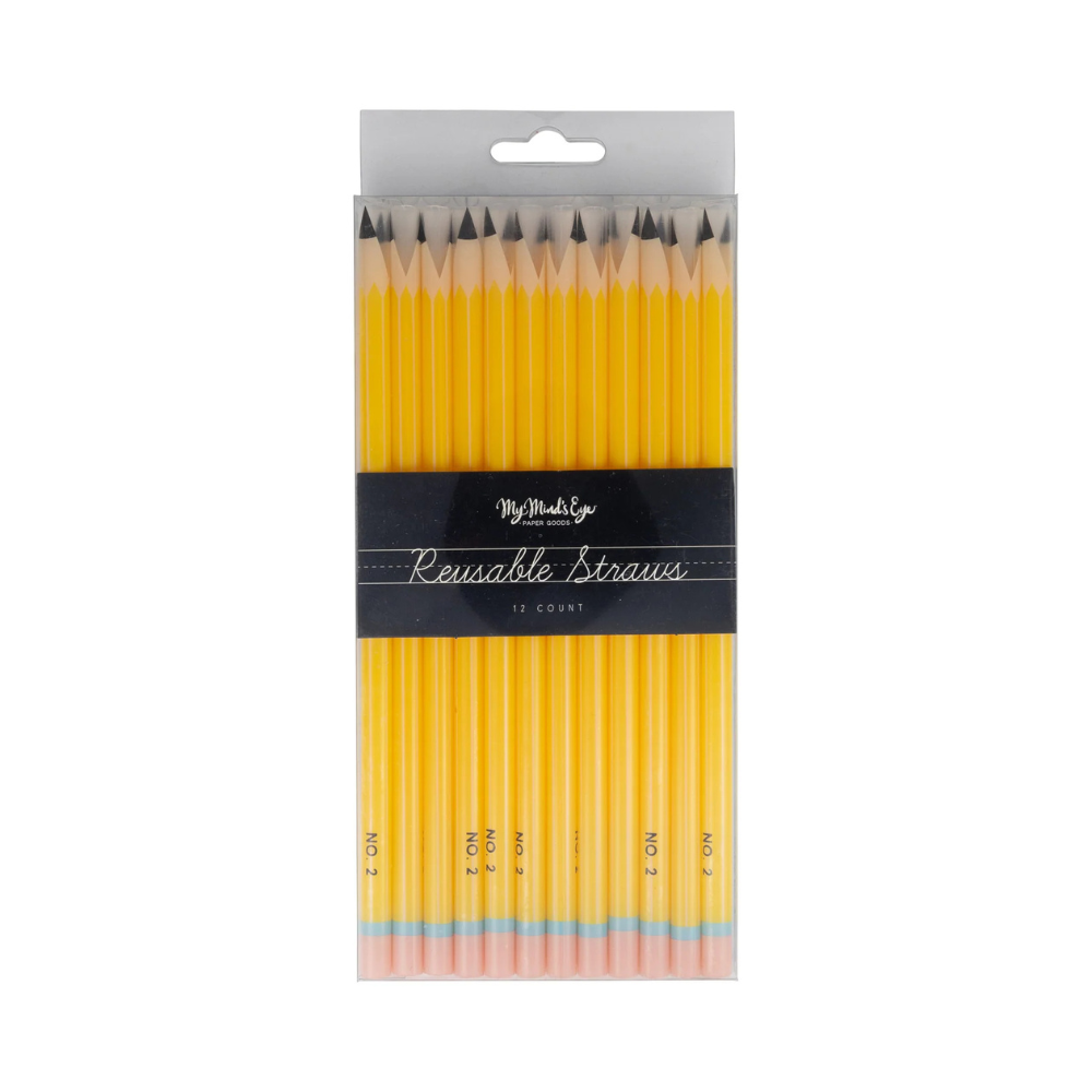 Front view of My Mind’s Eye Pencil Reusable Straws in clear retail packaging