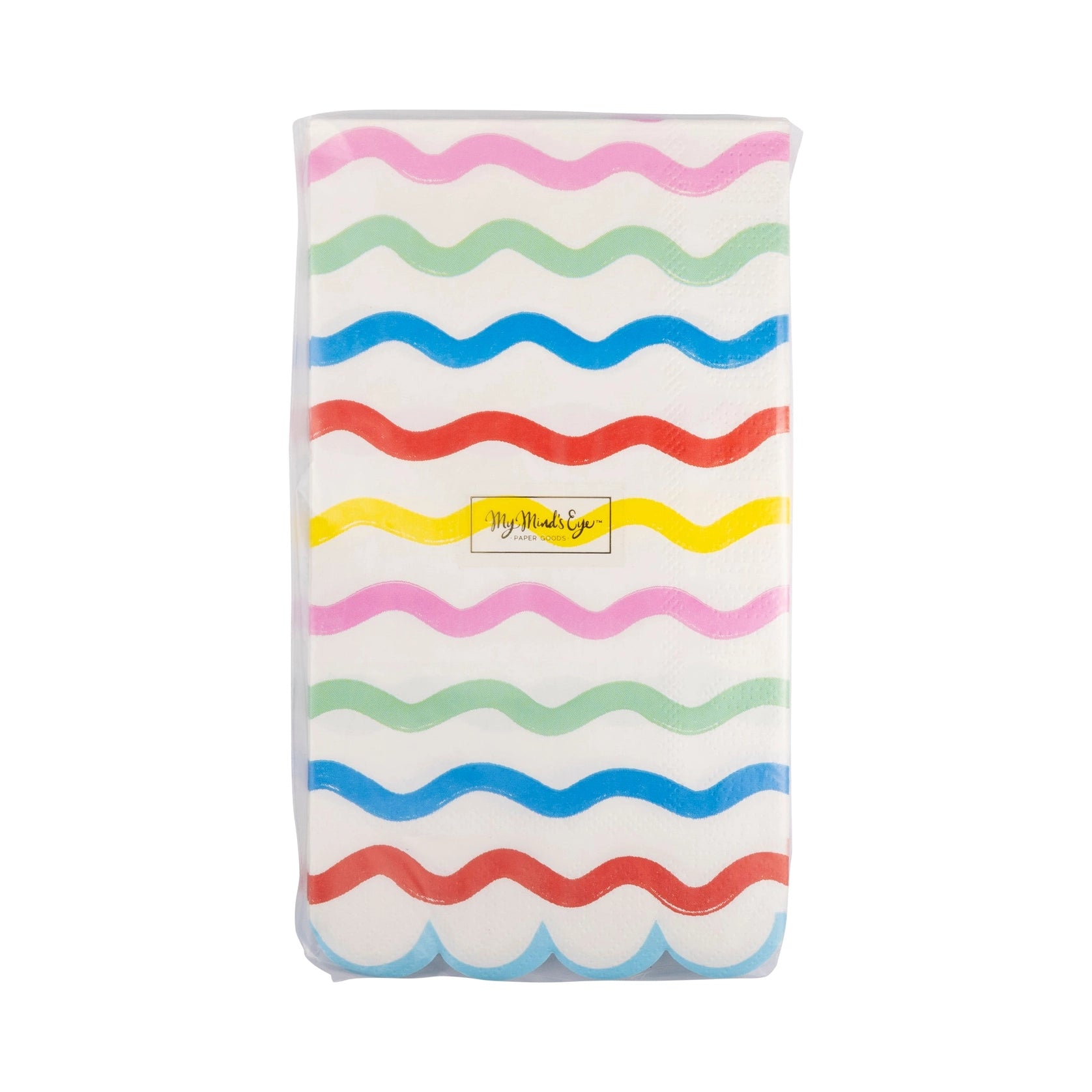 Front of the unopened napkin pack showing the full wavy-stripe pattern in pink, mint, blue, red, yellow, and aqua with a small gold logo label.