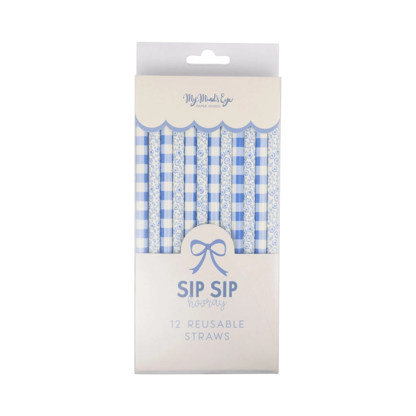 Front‑of‑Pack View: Retail package displaying 12 blue plaid and floral reusable straws with “Sip Sip Hooray” label.