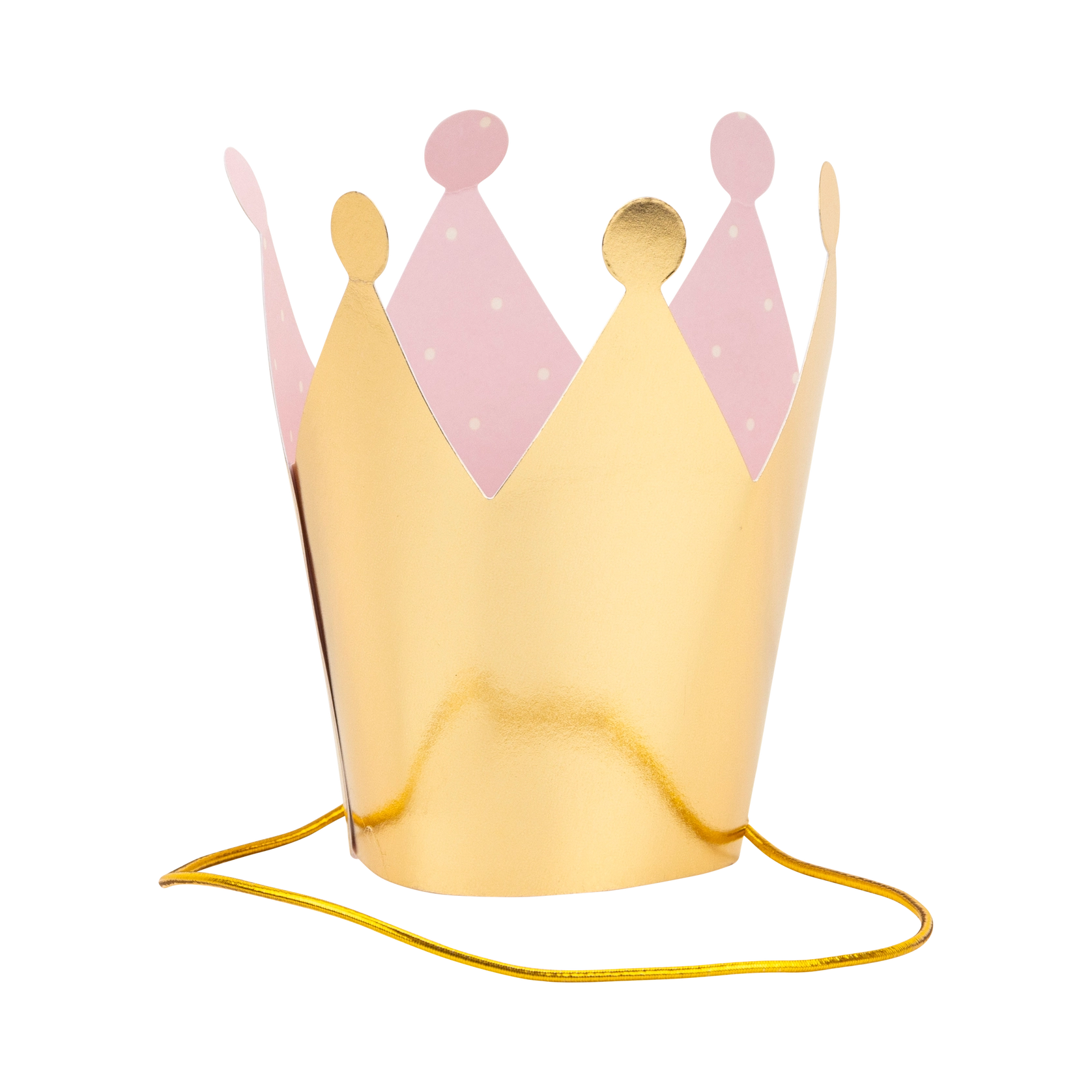 Finished gold-foil adjustable crown with pink-polka-dot lining and elastic cord.