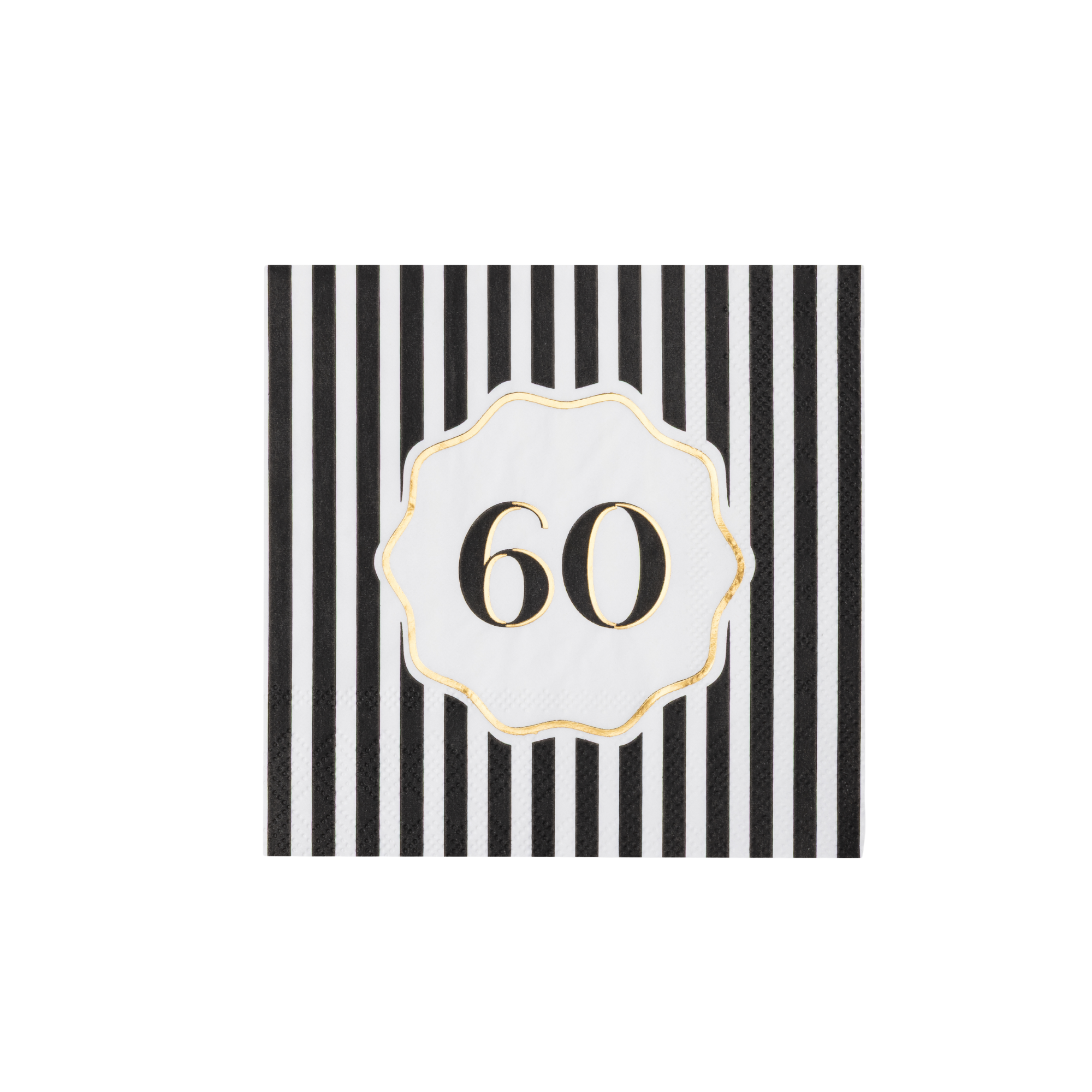 Single black and white striped cocktail napkin with white scalloped gold rimmed 60 birthday medallion on white background