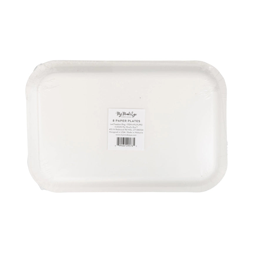 Back view packaging of "Let Freedom Ring" rectangular paper plates.
