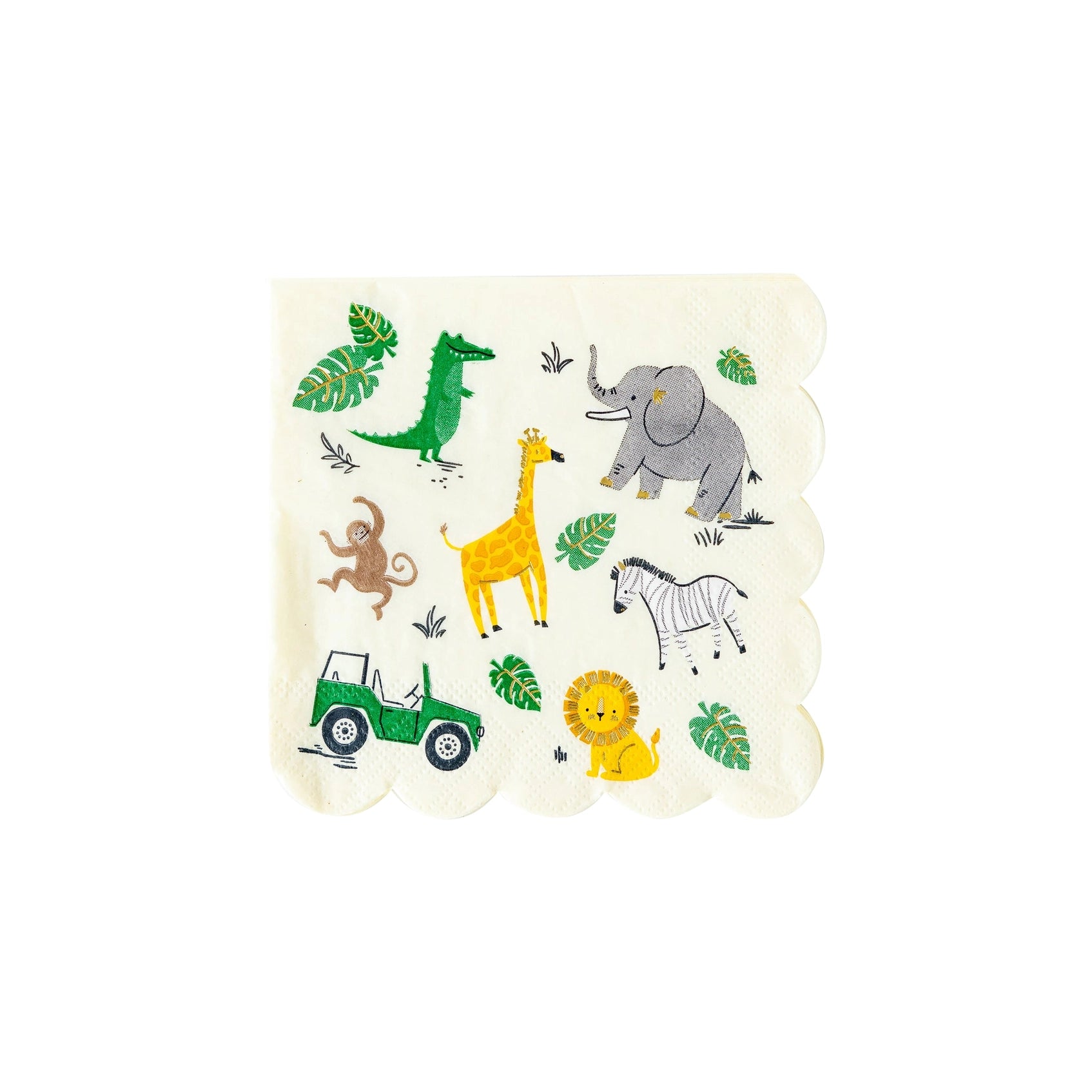Safari-themed cocktail napkins with cute jungle animals including lions, elephants, zebras, monkeys, crocodiles, and safari jeeps, accented with gold foil details.