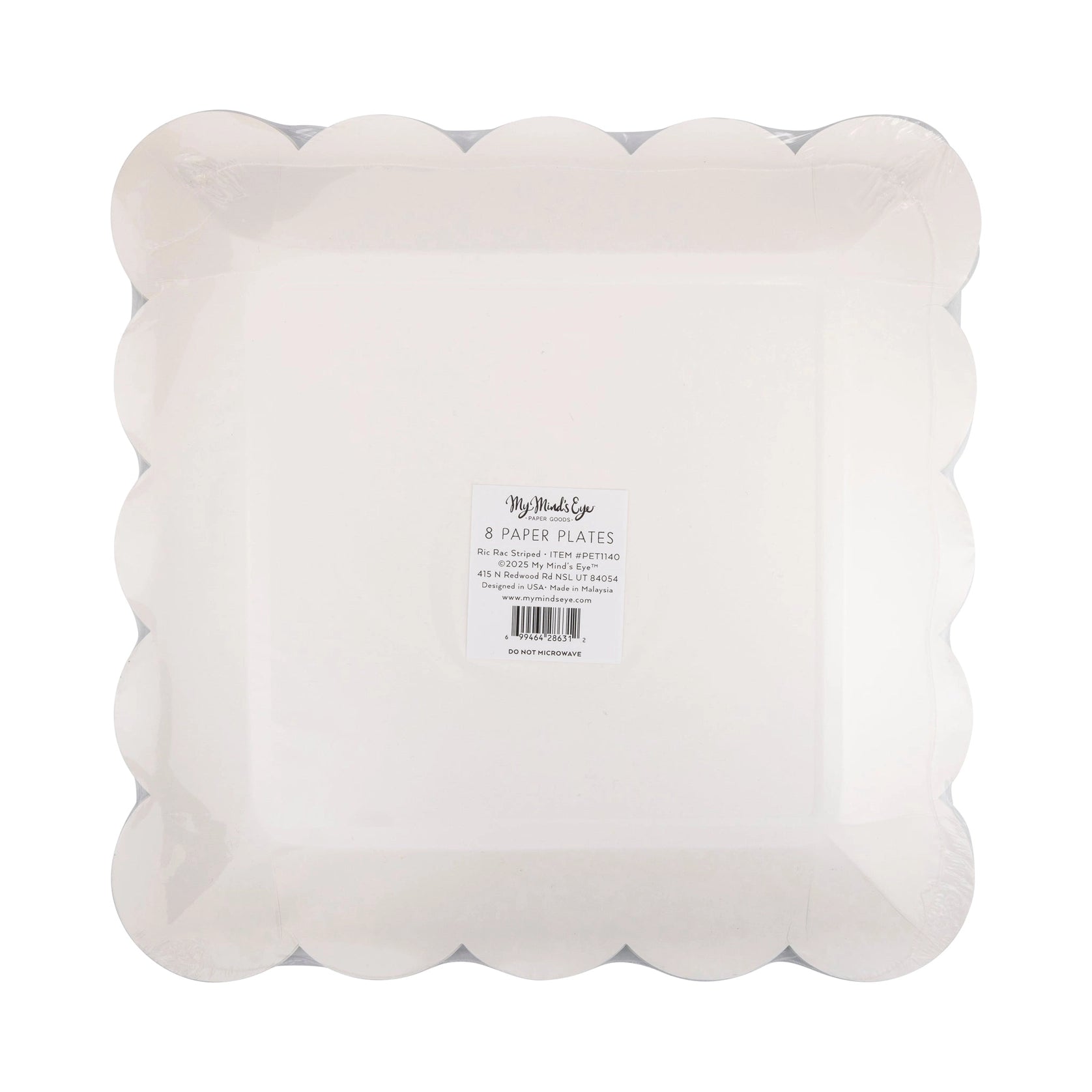 Packaged set – Front view of an eight-count pack of square ric-rac striped paper plates, still in clear wrap with a plain white back label visible through the packaging.