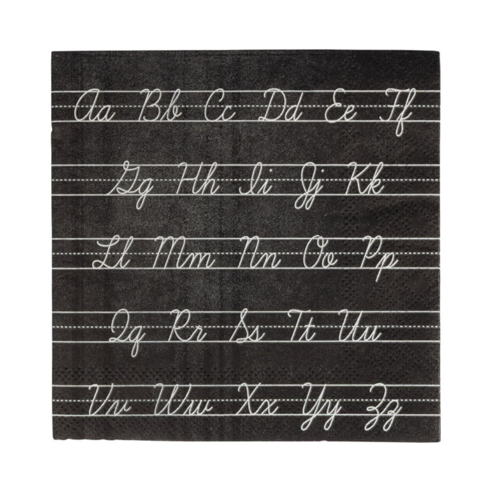 Square black cocktail napkin with white cursive alphabet printed in handwriting style