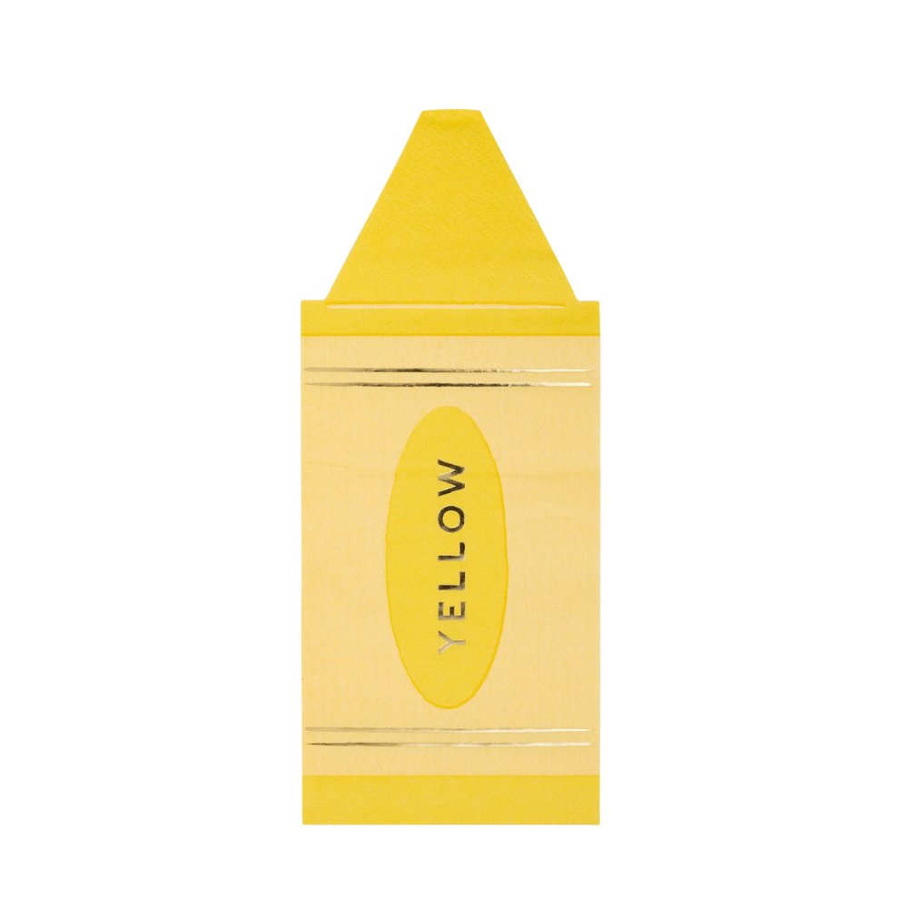 Isolated yellow crayon-shaped napkin with “YELLOW” printed vertically in gold on the front.