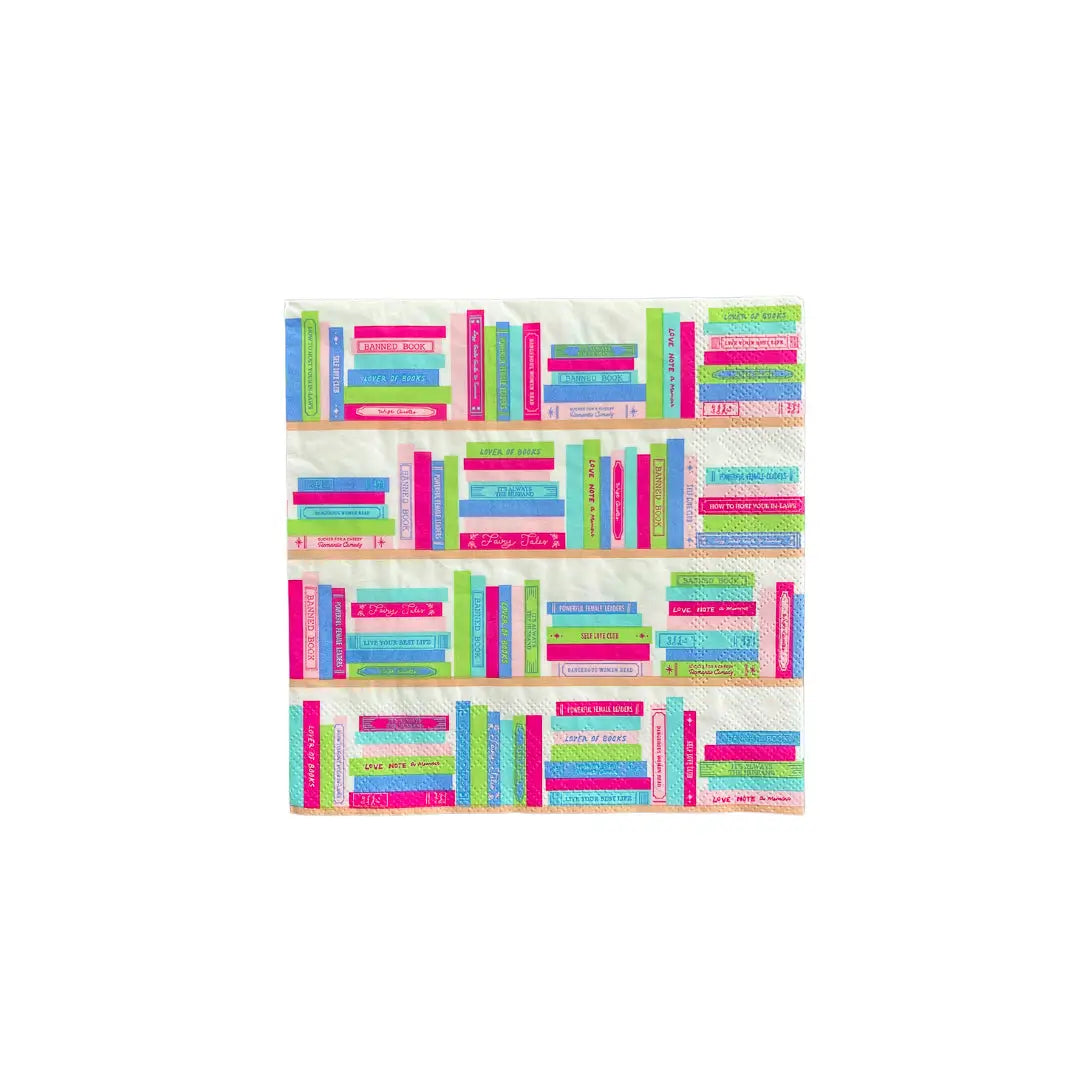 Square three-ply paper napkin printed with rows of colorful book spines on white background.