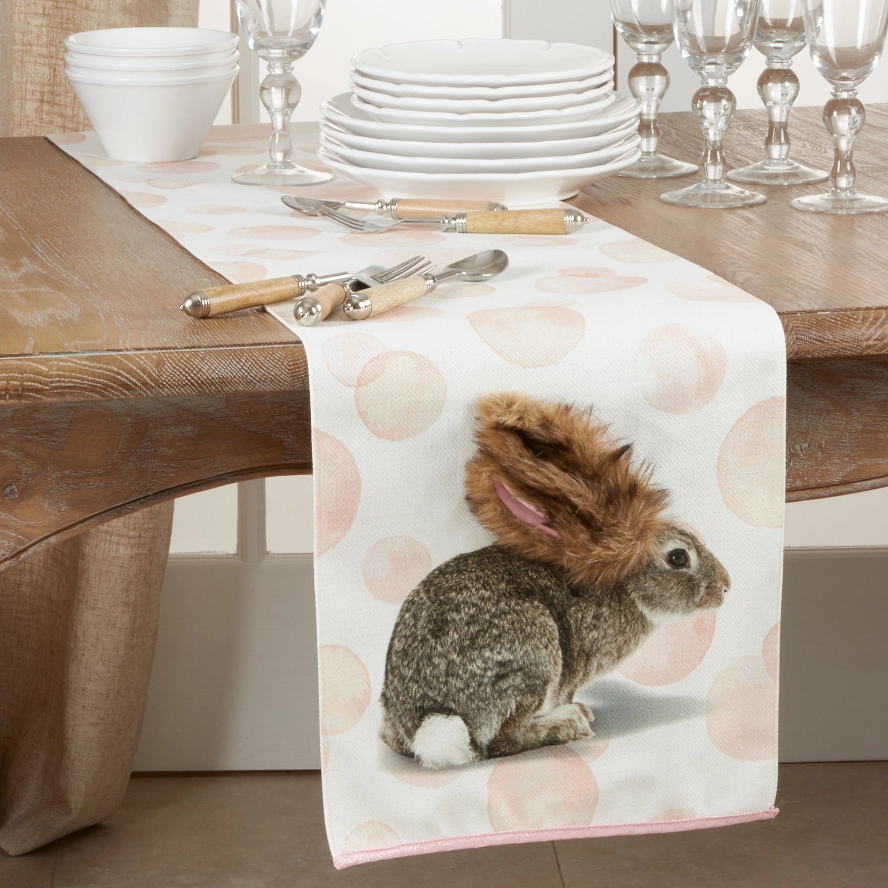 Easter table runner featuring pink polka dots and Easter Bunny design.