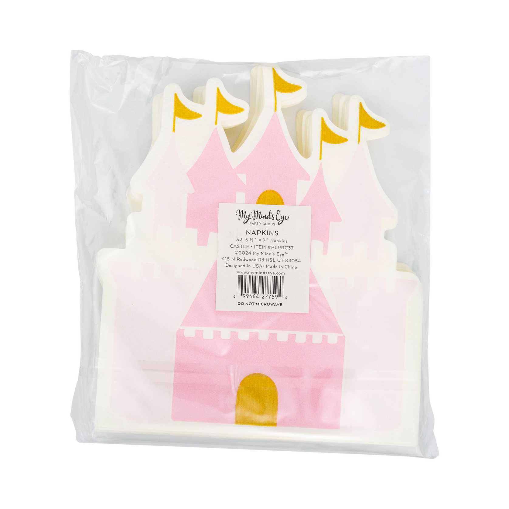 Front of packaged princess napkins—clear wrap reveals pink castle design with gold-foil accents and My Mind’s Eye label, 18-count, 6×7 inches.