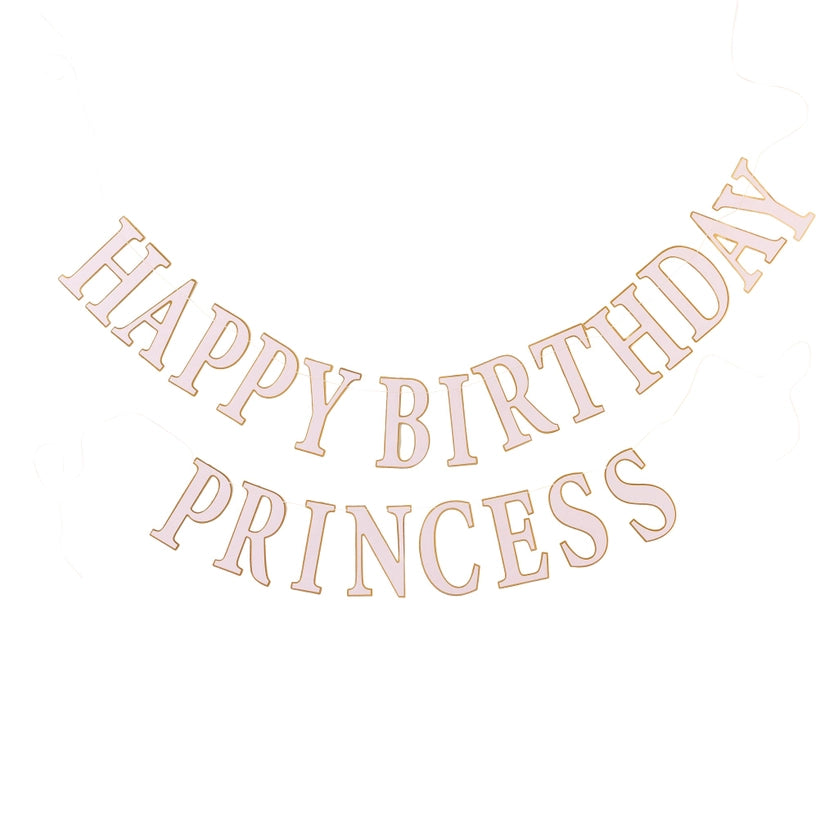 Pink “HAPPY BIRTHDAY PRINCESS” Birthday Banner with gold edges shown on white background.