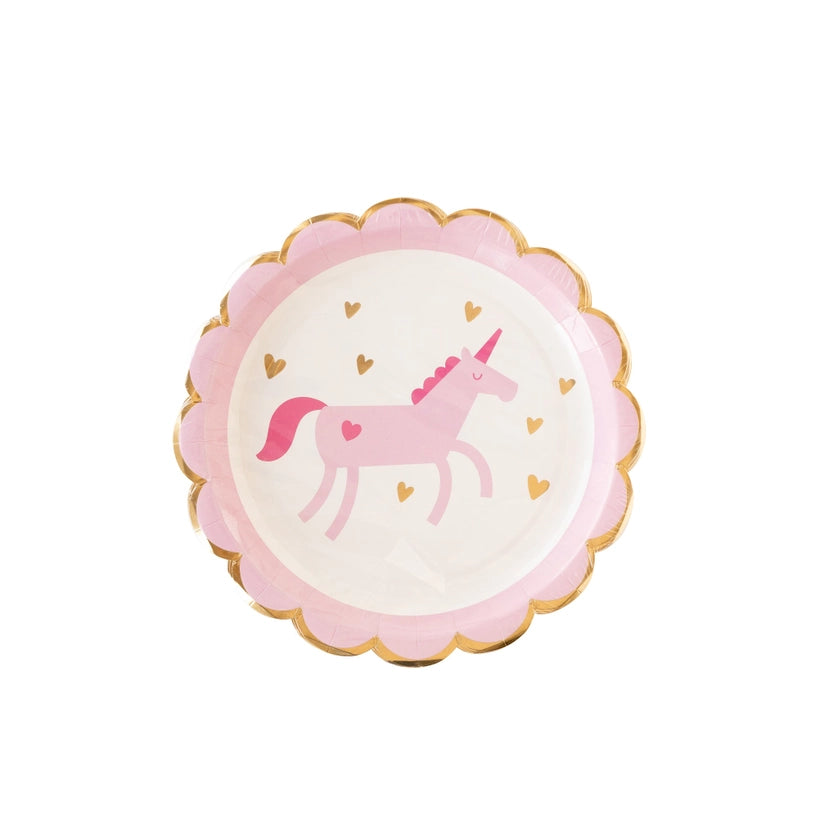 Close-up of scalloped rim and metallic gold trim on unicorn plate.