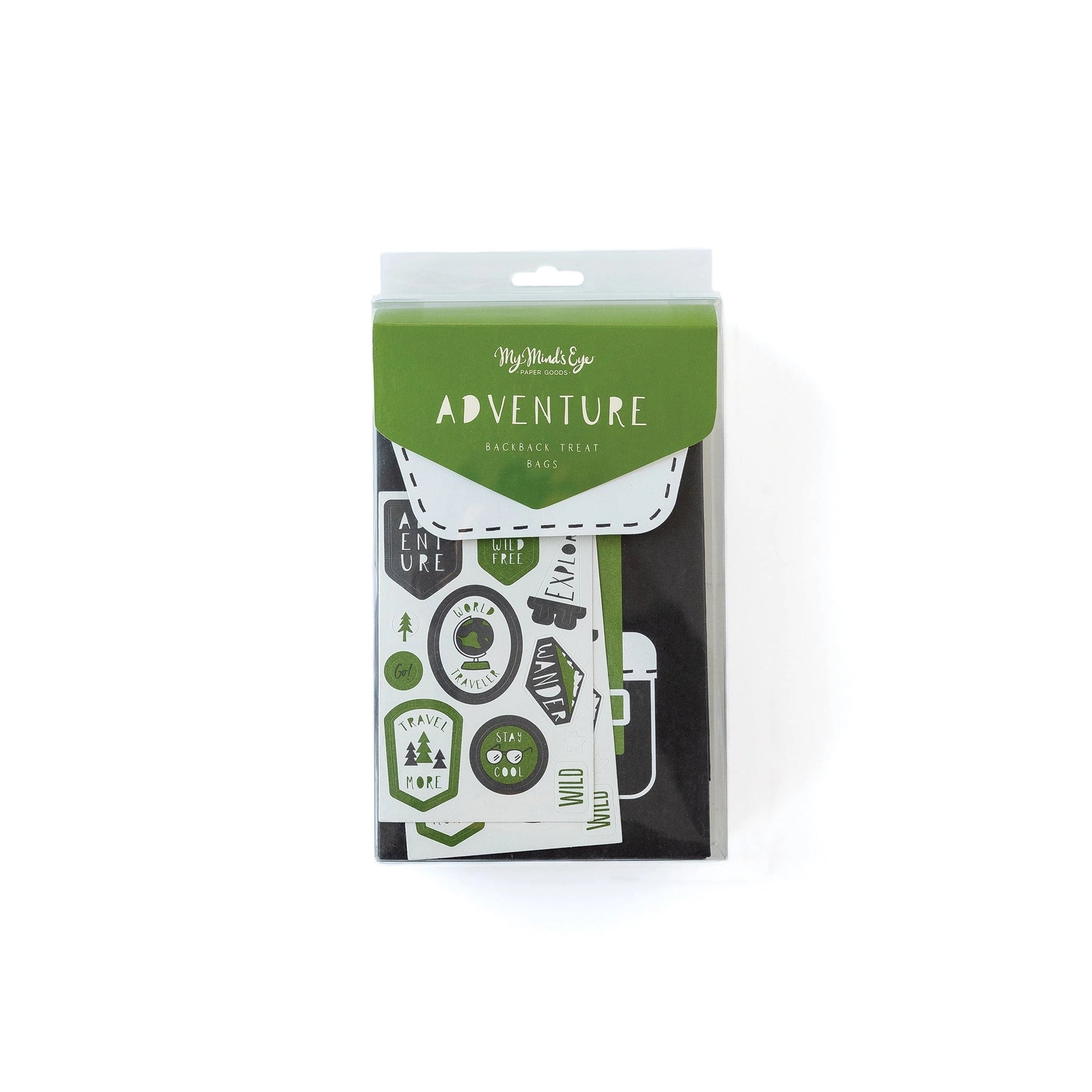 Adventure Backpack Treat Bags in original green packaging, showing backpack design and included sticker sheets.
