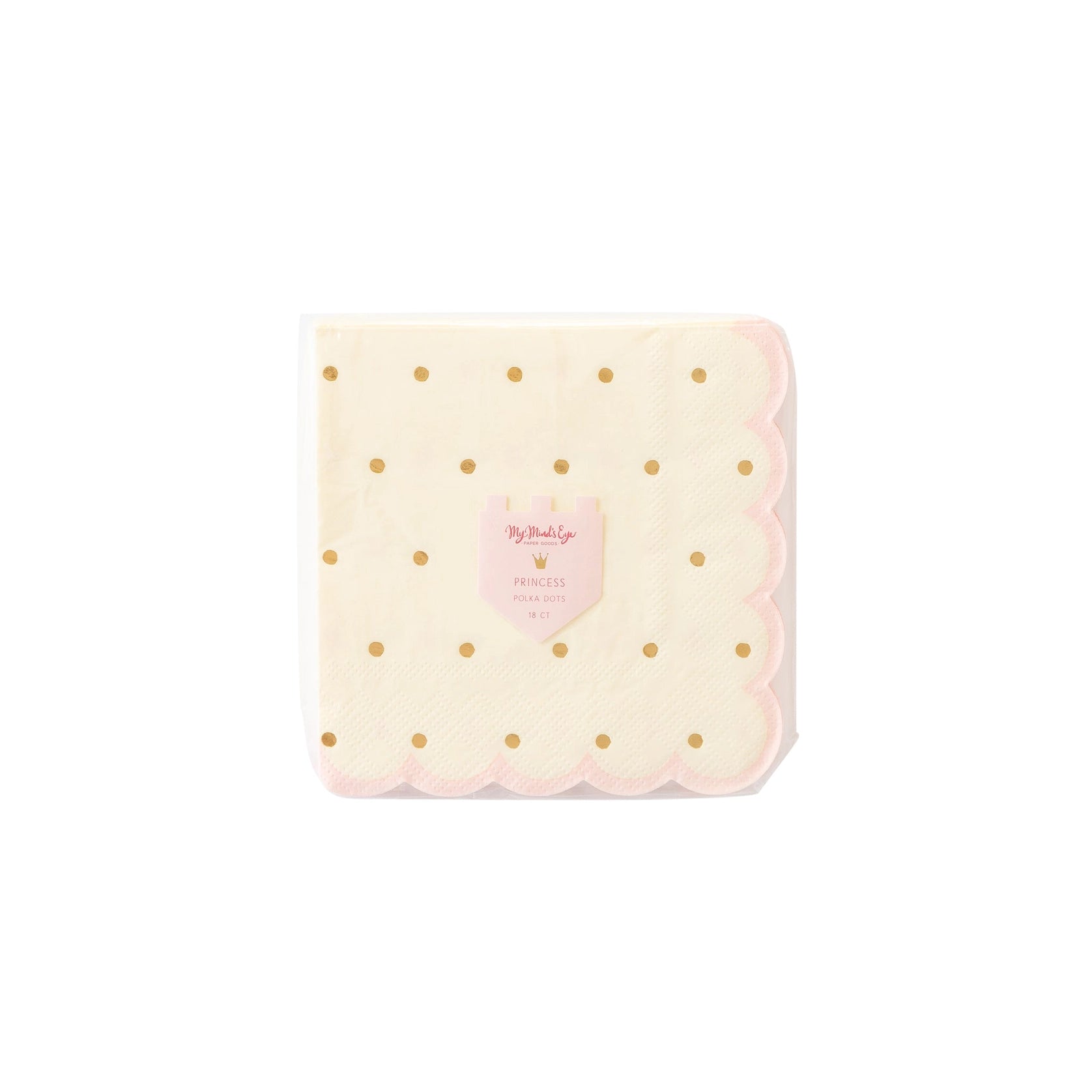 Packaged set of 18 Princess Scalloped Cocktail Napkins showing blush label and foil-dot design through clear wrap.