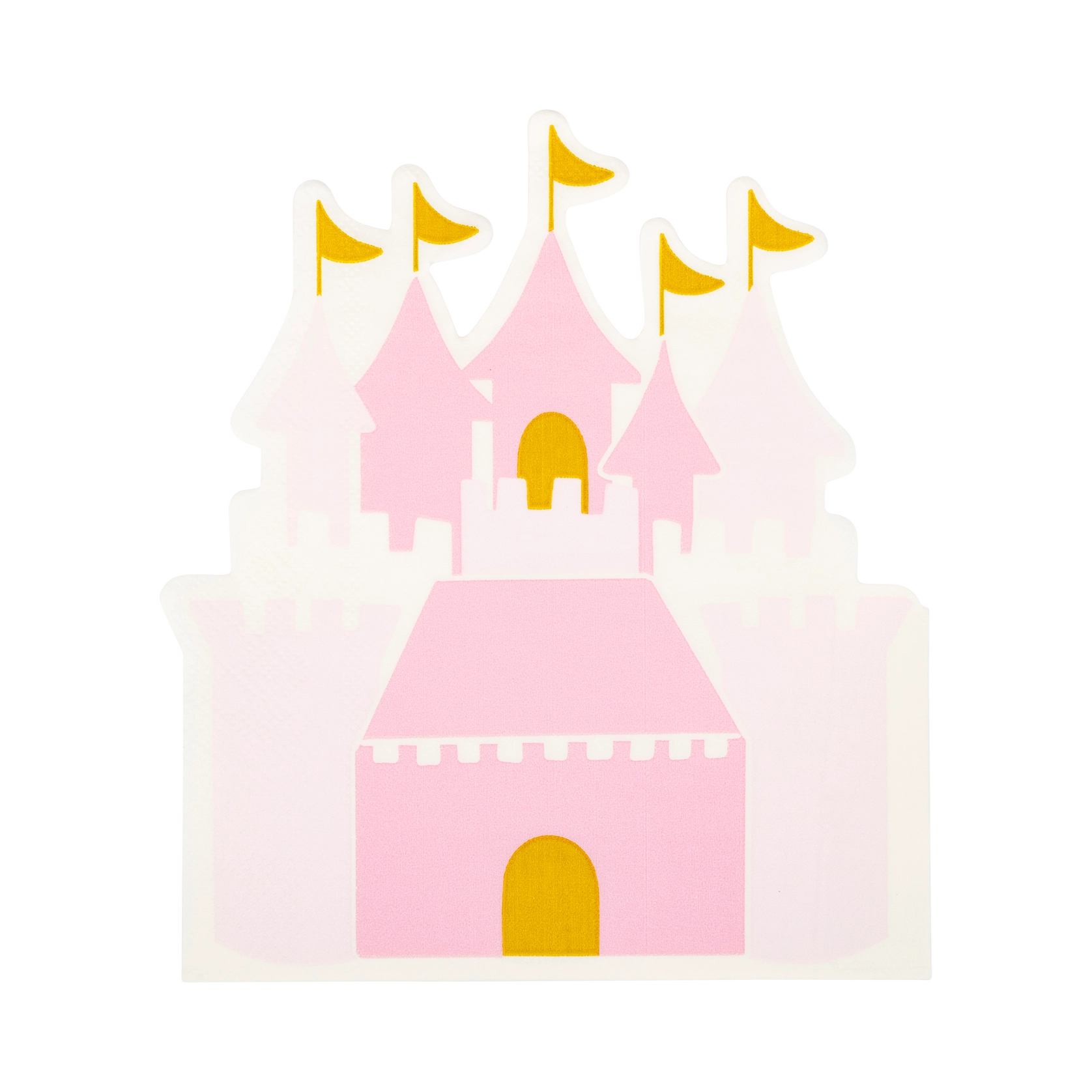 Die-cut pink castle napkin on white background, showing turrets and yellow–gold flags—ideal for princess party decorations.