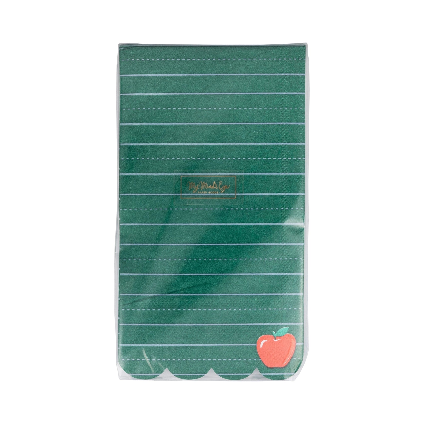 Back view of green paper napkin pack showing My Mind's Eye logo and a small apple icon in the corner.