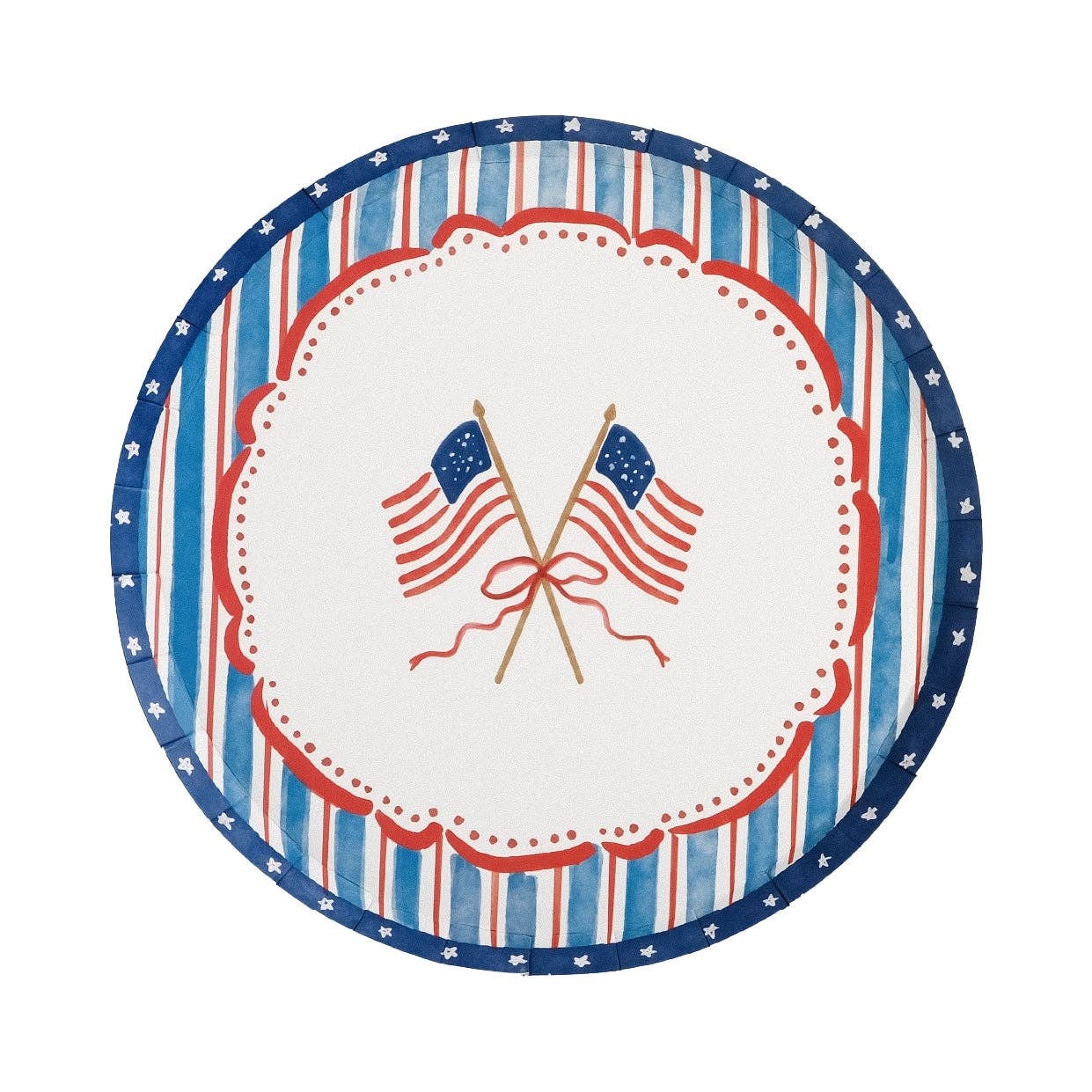 Isolated product shot of the 8.5-inch American Flag Paper Plates showing the full watercolor flag design and stars.