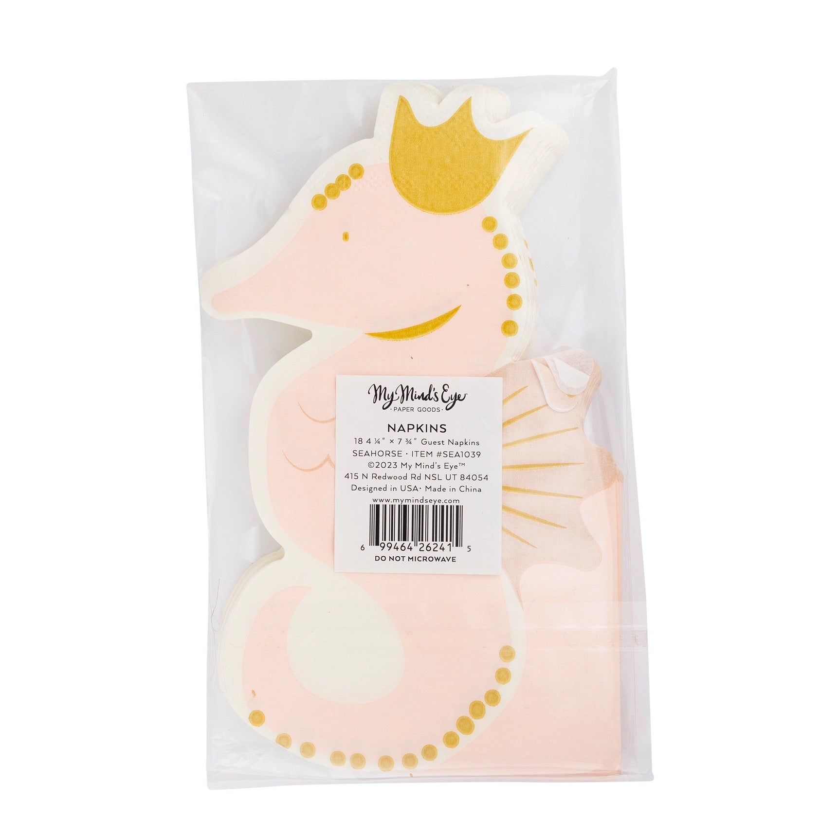 Package of adorable pink and gold seahorse-shaped paper napkins, showing product details and sizing.